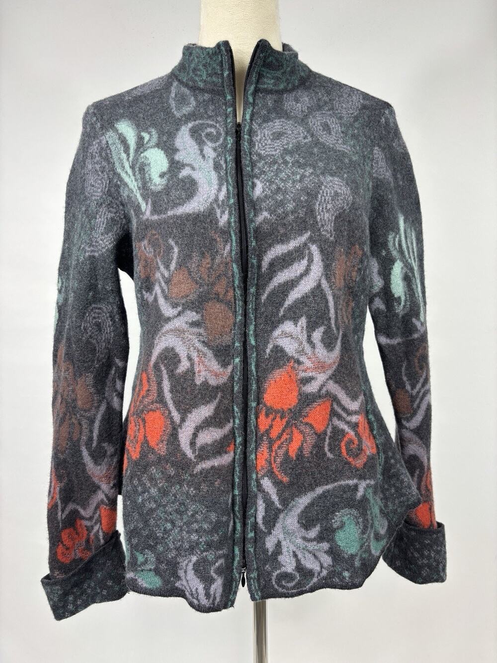 Ivko Wool Cardigan Jacket Grey Floral XXL Zip Front Long Sleeve Embroidered